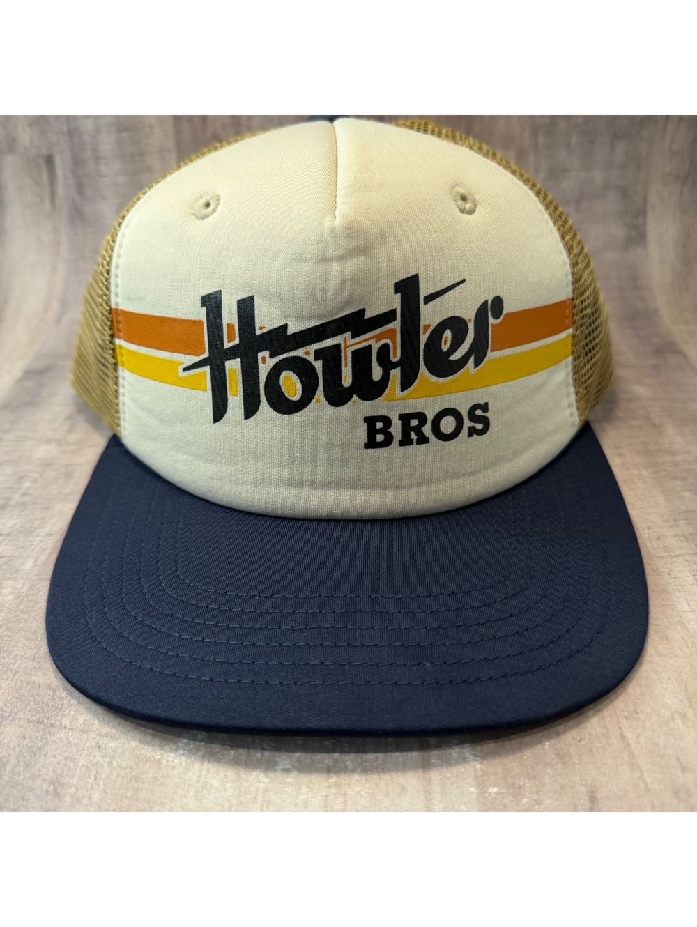 Howler Brothers Trucker Hat Retro Navy Tan Electric Stripe Logo Snapback Cap